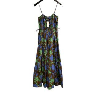 Moon River Dress Womens M Brown Floral Tiered Maxi Lace Up Bodice Tropical